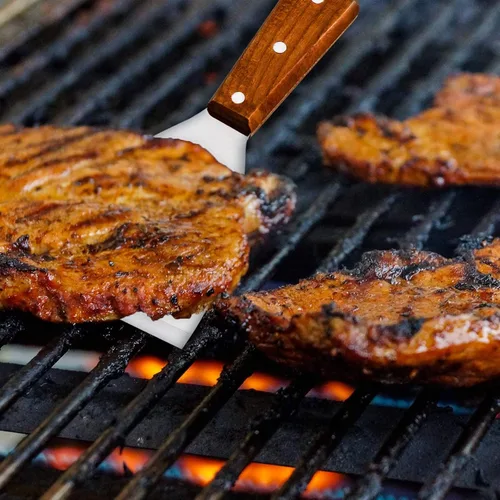 Miniatura 4 de Rascadores de parrilla de acero inoxidable prémium con borde inclinado, mango de madera para cocinar barbacoas, paquete de 2