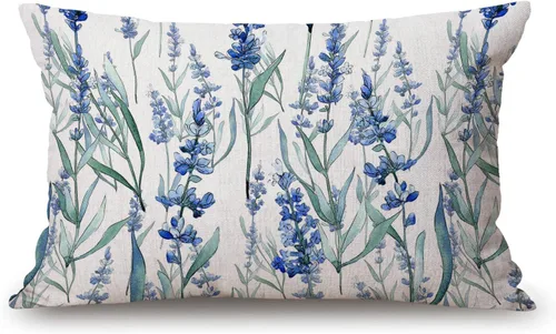 Solekla Funda de cojín lumbar color lavanda de 12 x 20 pulgadas, decorativa, para dormitorio, sala de estar, funda de cojín rectangular floral azul