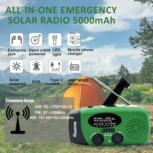 Miniatura 3 de Radio de emergencia meteorológica NOAA de 5000 mAh con carga solar, radio de cuerda de manivela AM FM, alarma SOS, linterna LED con conector