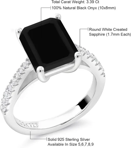 Miniatura 7 de Gem Stone King Anillo de compromiso de plata de ley 925 con ónix negro y zafiro blanco para mujer piedra natal de 339 quilates corte esmeralda