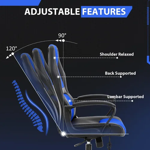 Miniatura 4 de Massage Gaming Chair – Ergonomic Office Desk Chair with Recline Function, PU Leather & Breathable Design, Lumbar Pillow, Adjustable Height, 360° Blue