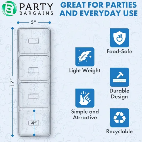 Miniatura 3 de Party Bargains Bandeja rectangular seccional desechable transparente (paquete de 8) de 5 x 16 pulgadas. Bandeja de plástico con 4 compartimentos