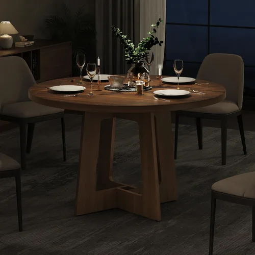 Miniatura 5 de Mesa de comedor redonda para 4, mesa de comedor de madera, mesa de cocina circular para el hogar, comedor, cocina, sala de estar (marrón nogal)