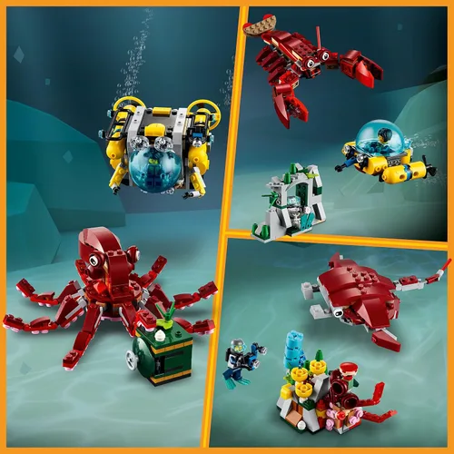 Miniatura 4 de LEGO Creator 3 en 1 Submarino de misión del tesoro hundido juguete, criaturas submarinas se transforman de pulpo a langosta a mantaraya, divertidas