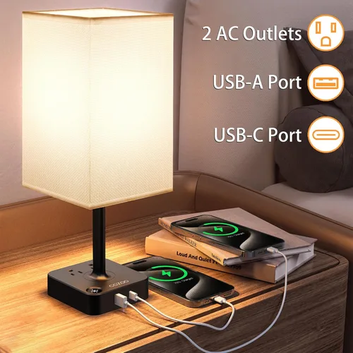Miniatura 2 de Lámpara de mesa regulable cozoo USB para mesita de noche y escritorio con 2 puertos de carga USB (A+C) y 2 tomas de corriente, lámpara de mesita
