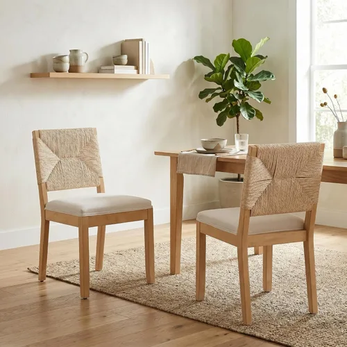 Miniatura 2 de Juego de 2 sillas de comedor de campo francés, sillas de comedor de madera de granja beige, silla de comedor con respaldo tejido con cojín tapizado