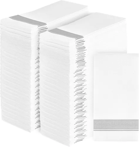 Party Bargains Toallas desechables como tela, paquete de 200, 13 x 16 pulgadas, color blanco con estampado plateado, toallas de mano de papel suave,