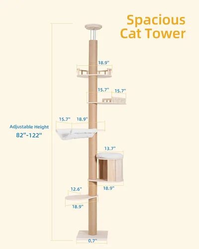 Miniatura 7 de Aechonow Árbol alto de piso a techo para gatos grandes, torre para gatos con poste rascador, altura ajustable (82-122 pulgadas), cama cueva grande