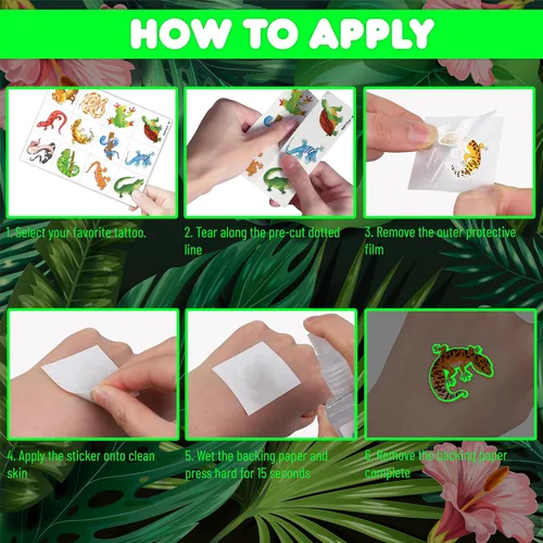 Miniatura 8 de 96 tatuajes temporales luminosos precortados con diseño de lagarto de selva de animales reptiles que brillan en la oscuridad para niños Tatuajes