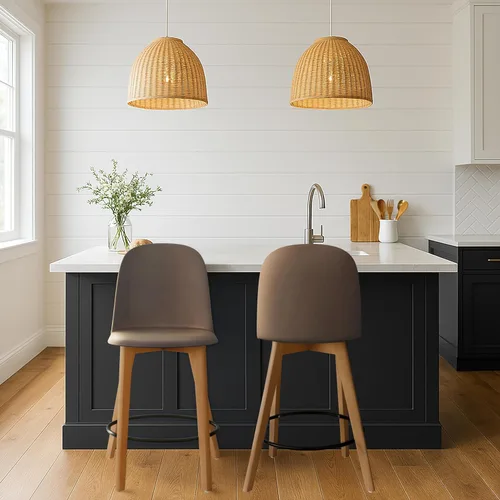 Miniatura 20 de 2xhome Juego de 2 taburetes de bar de altura de mostrador Asiento de plástico moldeado moderno de mediados de siglo Patas de madera maciza
