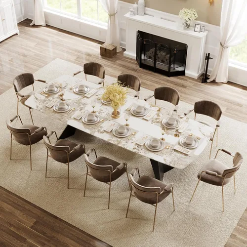 Miniatura 21 de Mesa de comedor extensible con extensión, 65"-95" piedra sinterizada rectangular, superficie con aspecto de mármol, para 6-12 personas, base