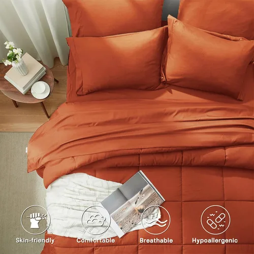 Miniatura 4 de Anluoer - Juego de cama tamaño Full en una bolsa, 7 piezas, juego de edredón color naranja quemado con sábanas, juego de ropa de cama para todas