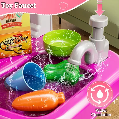 Miniatura 5 de MSKOLER Juego de cocina para niños de 3-6 4-8 años, cocina de juego con luz, sonido y pulverización, accesorios de juguete de fregadero, estufas