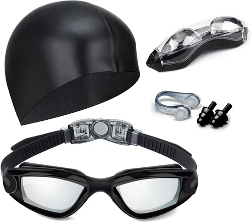 Miniatura 9 de Gafas de natación sin fugas con clip de nariz, tapones para los oídos, gorro de natación y funda para hombres y mujeres Negro