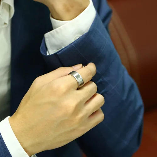 Miniatura 5 de MEALGUET Anillo personalizado para hombres y mujeres, anillo de boda unisex cepillado liso para hombres y mujeres, chapado en azulnegrooro, anillo