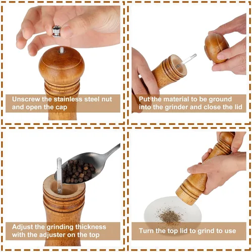 Miniatura 3 de Gulex® Molinillo de pimienta de madera, grosor ajustable, molinillo de pimienta de madera de 8 pulgadas, mecanismo de molienda de cerámica, molino