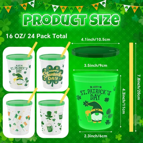 Miniatura 2 de Juego de 24 vasos de plástico esmerilado de 16 onzas que brillan en la oscuridad, vaso verde reutilizable con tréboles, tréboles, duendes, sombrero