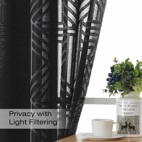 Miniatura 3 de Simplebrand Cortinas traslúcidas negras de cocina de 24 pulgadas de largo, 2 paneles, filtrado de luz, geométrico jacquard con textura, cortinas