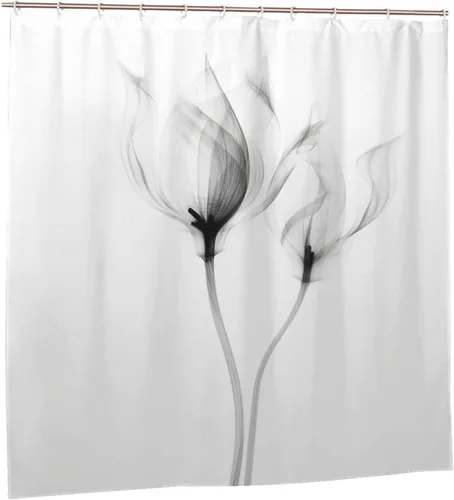 Miniatura 7 de YLATY2596 - Cortina de ducha de flores abstractas para baño, juego de cortina de ducha bohemia floral en blanco y negro, tela transparente, moderna