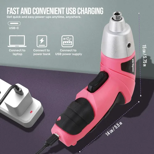 Miniatura 5 de Hi-Spec Destornillador eléctrico 19 piezas 3.6V rosa USB pequeño juego de destornillador de potencia. Destornillador inalámbrico y recargable