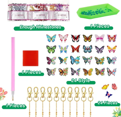 Miniatura 4 de Henoyso Juego de 24 llaveros de pintura de diamantes de mariposa para adultos, kit de manualidades 5D de doble cara, kit de taladro, pintura