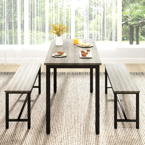 Miniatura 5 de Rovibek Juego de mesa de comedor para 4, mesa de cocina moderna que ahorra espacio con 2 bancos tapizados y pies ajustables, mesa de desayuno