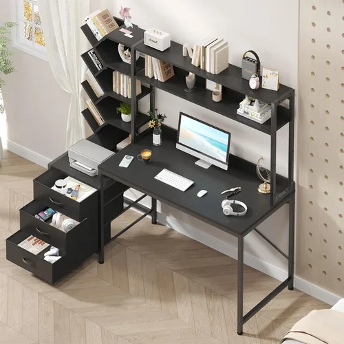 Miniatura 4 de YOMILUVE Escritorio reversible para computadora con gabinete, escritorio de oficina en casa con cajones y estantería, escritorio de estudio de 52
