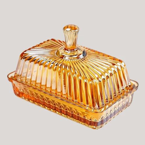 Mantequillera de vidrio champán con tapa para encimera | Vintage Glass Butter Dish with Cover and Long Handle for Refrigerator, Cute Crystal Covered