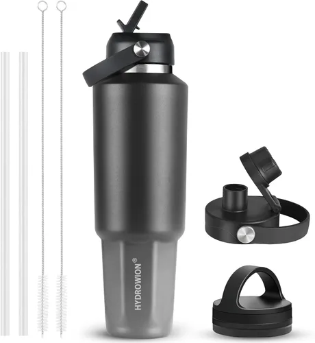 Miniatura 53 de HYDROWION Botella de agua de acero inoxidable, 32 onzas, boca ancha, doble pared, aislada al vacío, con tapa de pajilla, tapa de boquilla y tapa