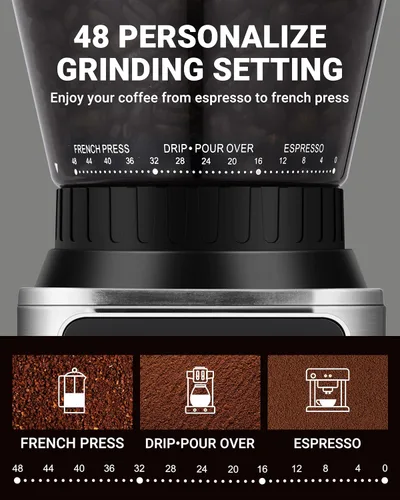 Miniatura 10 de AMZCHEF Molinillo de Café, Molinillo de Granos de Café con Rebaba para Uso Doméstico con 48 Configuraciones de Molienda Precisas, Embudo Desmontable