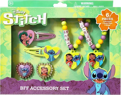 LUV HER Disney Stitch Girls BFF - Juego de 6 piezas de joyero de juguete con 2 anillos, 2 pulseras de cuentas y pinzas para el cabello a presión a