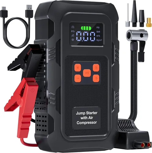 Arrancador de 5000 A con compresor de aire, arrancador portátil de batería de coche con inflador de neumáticos de 150 PSI para motores de gasolina