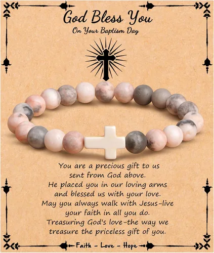 JoycuFF Regalos Cristianos, Pulseras de Cruz para Mujeres, Joyería Cristiana Católica Religiosa de Fe de Pascua, Pulseras de Piedra Natural
