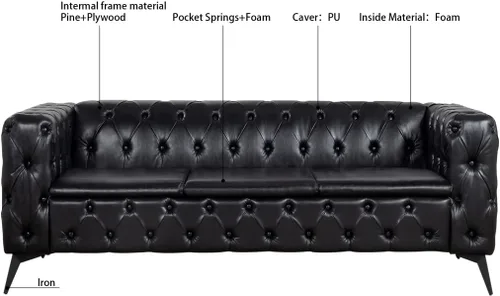 Miniatura 4 de Sofá Chesterfield de 84 pulgadas, piel sintética, cojín extraíble tradicional con brazo cuadrado de 3 plazas, ribete de botón copetudo con patas