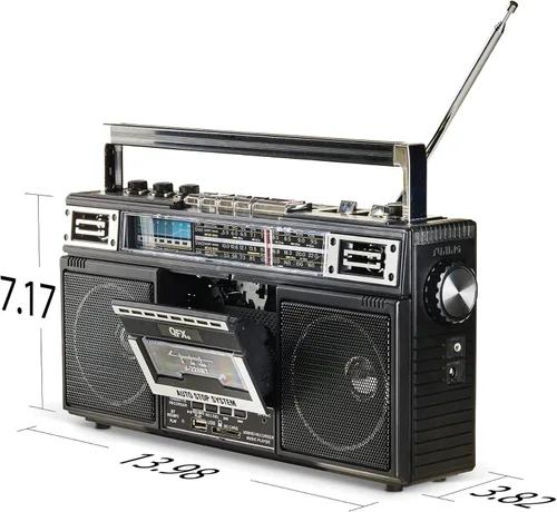 Miniatura 6 de QFX J-220BT Boombox MP3 Conversión de radio a casete con radio de 4 bandas (AM, FM, SW1, SW2) con Bluetooth, batería recargable, altavoces duales