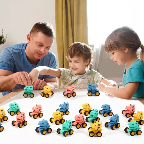 Miniatura 7 de Juego de 18 autos de dinosaurio con retroceso para niños pequeños, mini vehículos de carreras a granel, obsequios de fiesta, rellenos de piñata