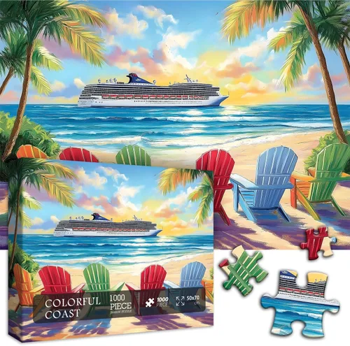 Miniatura 2 de PICKFORU Rompecabezas de playa para adultos de 1000 piezas, rompecabezas de verano con silla lounge de playa arcoíris, rompecabezas colorido