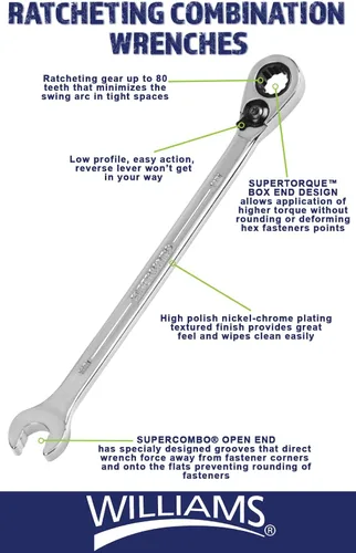 Miniatura 2 de Williams JHW1210RC Llave Combinada SAE de Trinquete Reversible de 12 Puntos, con Acabado Cromado de Alto Pulido - 5/16 Pulgadas