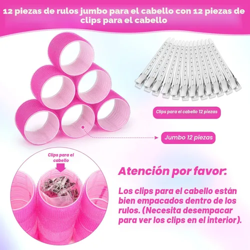 Miniatura 6 de Rizadores de pelo jumbo, 12 rulos de pelo jumbo de 2.32 pulgadas, rodillos de sujeción con 12 pinzas para cabello largo y liso (rojo rosa)