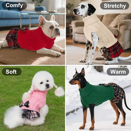 Miniatura 3 de KYEESE Suéter de punto grueso para perro, vestido de suéter para mascotas con corbatín, abrigos elásticos para mascotas, suéter suave para perros