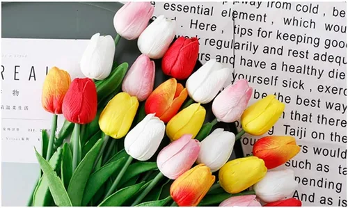 Miniatura 4 de Tulipanes falsos de PU de tacto real, flores artificiales, 10 piezas, arreglo floral, ramo para decoración de hogar, oficina, boda (blanco)