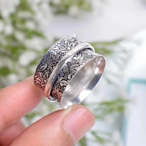 Miniatura 2 de DAMRU Spinner Ring For Women 925 Sterling Silver Plated Spinning Oxidized Handmade Concave Boho Band Fidget Rings- All Sizes