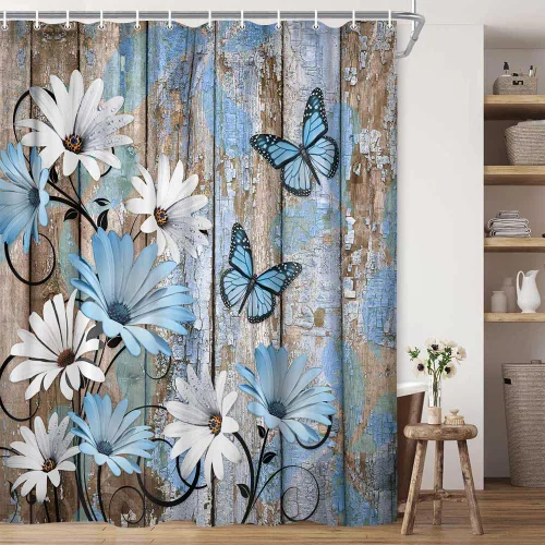JAWO Cortina de ducha floral de granja, decoración de tela rústica con flores azules y mariposas, para juegos de baño, cortina de madera color