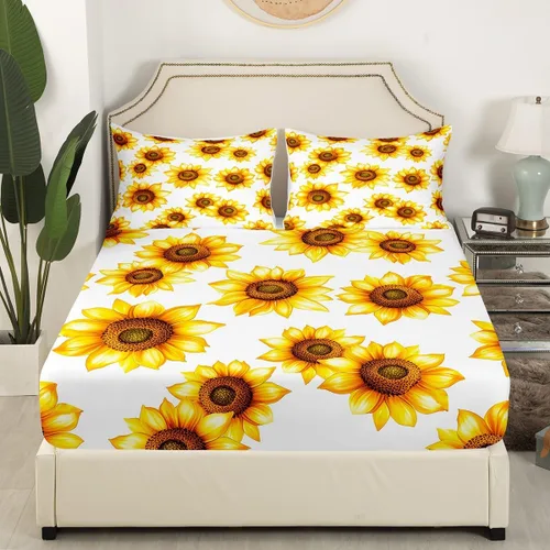 Miniatura 4 de Juego de sábanas de girasol, tamaño Queen, juego de sábanas botánicas florales 3D con flores amarillas, decoración de girasol pastoral