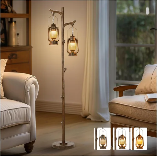 Miniatura 13 de Scenekoy Lámpara de pie vintage de 68 pulgadas de alto con linternas, lámpara de pie retro con acabado de tronco de árbol y cuerpo de resina, Latón