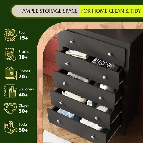 Miniatura 4 de WLIVE Cómoda de madera con 5 cajones, cómoda negra de 45 pulgadas de alto para dormitorio, cómoda, armario de almacenamiento y cajones organizadores