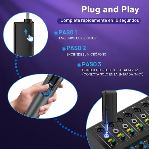 Miniatura 4 de Micrófono inalámbrico, sistema profesional de micrófono dinámico inalámbrico de mano dual con receptor recargable, Plug & Play, compatible
