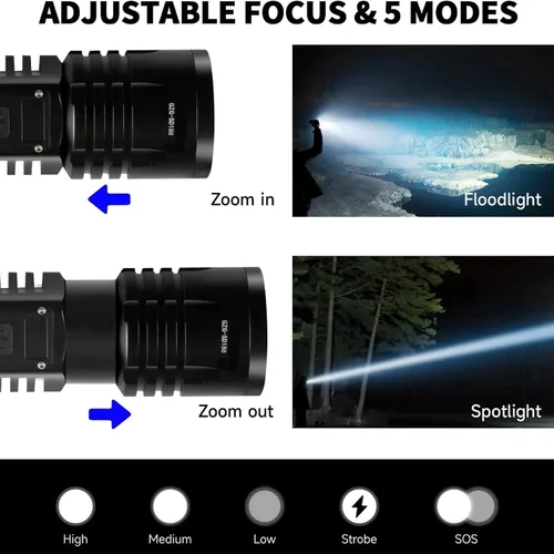 Miniatura 7 de Linternas LED Recargables de Alto Lúmenes, Linterna de 10000mAh de Alta Potencia Impermeable Más Brillante Linterna Zoomable con Foco