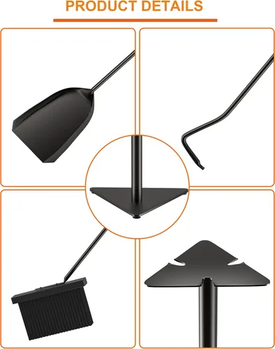 Miniatura 6 de Tomersun Juego de herramientas para chimenea de 23 pulgadas para interiores, 4 piezas, herramientas de chimenea con póquer, pala, escoba, soporte