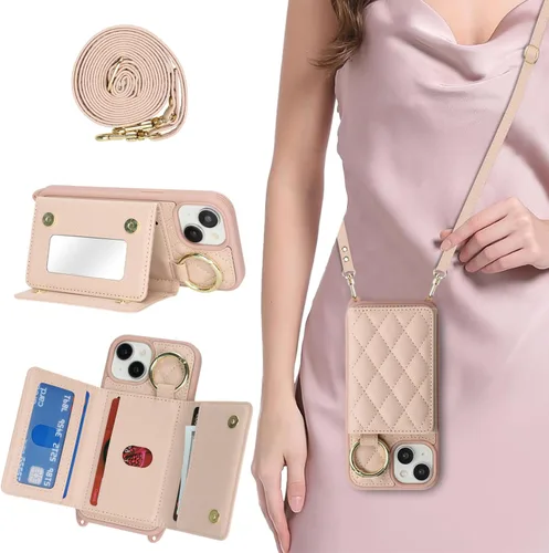 Miniatura 13 de Funda para iPhone 14 Plus con tarjetero y correa para mujer, cordón cruzado, espejo de maquillaje, soporte de anillo, cierre a presión, bonitas Rosa